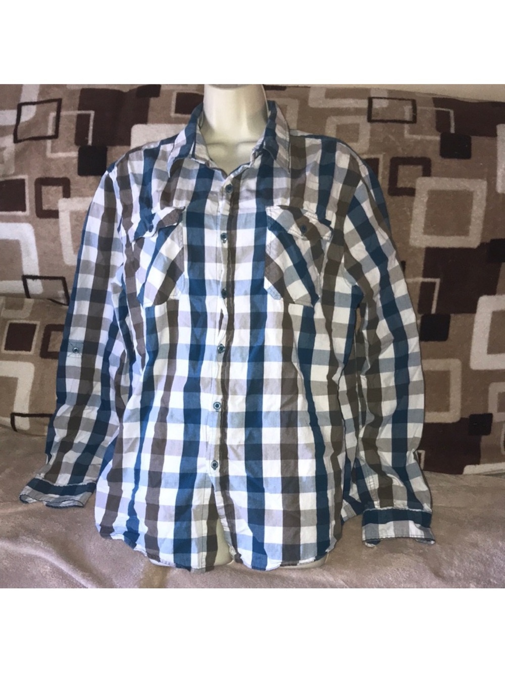 21 Men XL Plaid Button-Up Shirt - Blue, White & grey stained